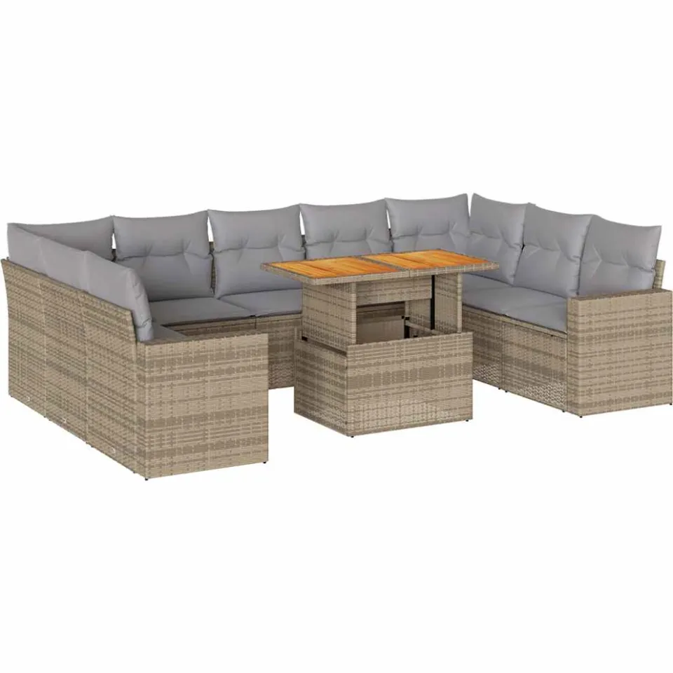 vidaXL 10-delige Loungeset met kussens poly rattan beige, foto 3
