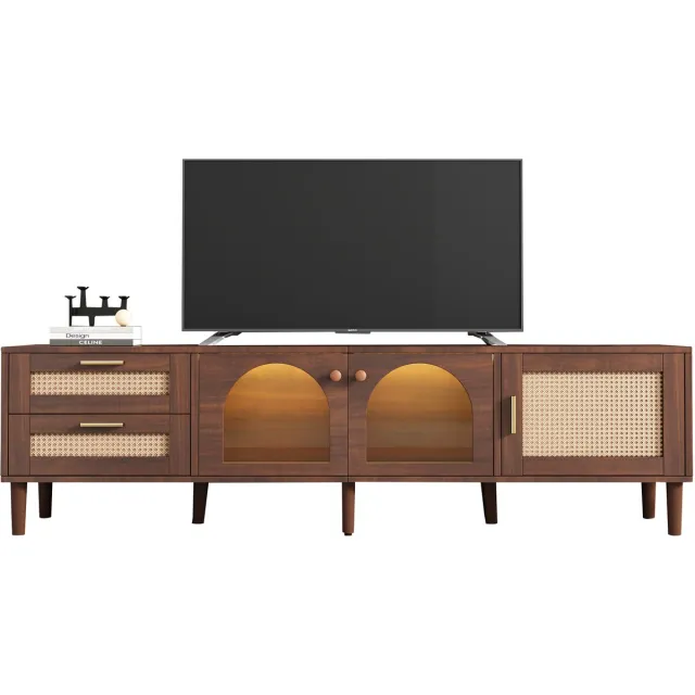MEUBLE COSY TV Meubel - Rotan TV Kast Met LED & Glazen Deuren 180cm - Walnoot Bruin