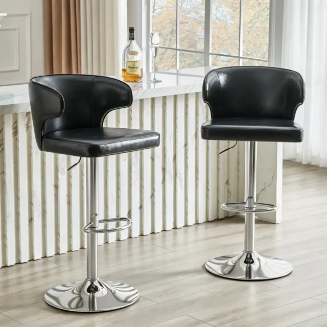 OKWISH Barkruk - Set Van 2 Met Rugleuning, Draaibare En Hoogte Instelbare Zitting - Voor Bar Of Keukeneiland - Kunstleer - Zwart