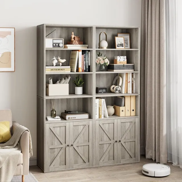 Danky 2 sets Moderne Boekenkast met 4 Niveaus - Opbergkast met X-Deur - Hout - Grijs - Voor Woonkamer, Slaapkamer & Kantoor