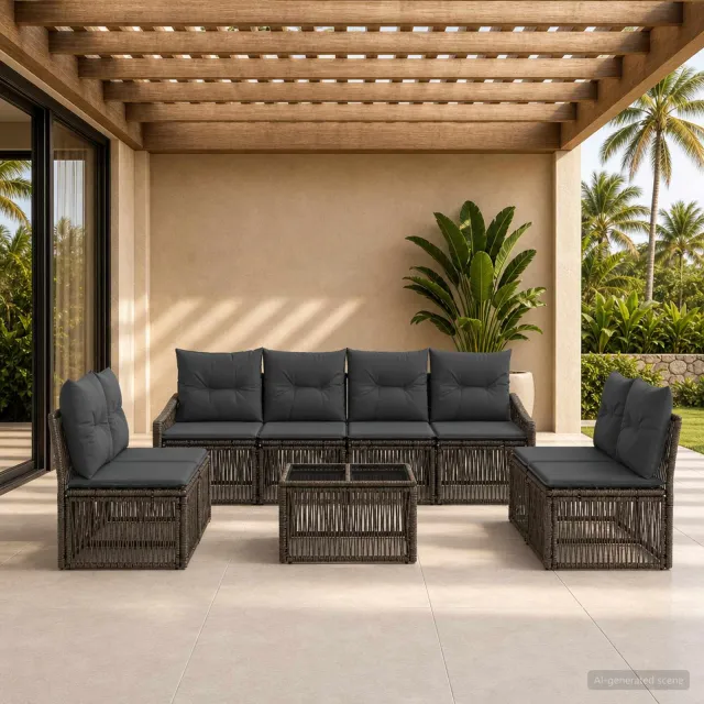vidaXL Tuinbankenset 9 st 8-zits Grijs poly rattan, foto 2