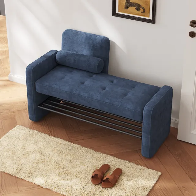 GUYII Schoenenbank met Rugleuning – Fluwelen Zitbank met Open Schoenenrek – zitbank met schoenenopbergruimte – schoenenrek 104 cm – Blauwe Schoenenkasten