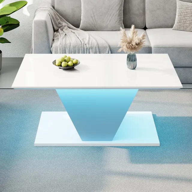 MODFU Salontafel 100×50×46 cm – V-vormig design met LED-verlichting & app – Hoogglans wit – Moderne woonkamer tafel – MDF – Wit