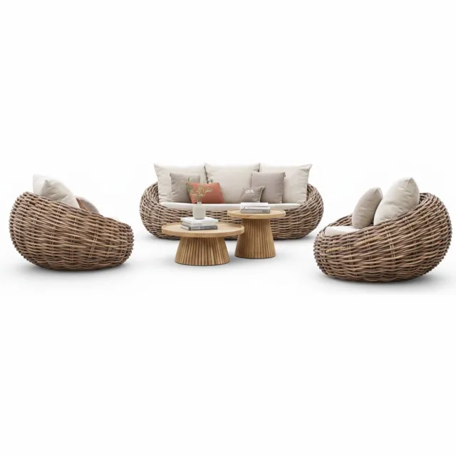 Apple Bee Cocoon Loungeset 5-delig | Belito Daan Tafels Ø 60 & 80 cm | Mokka/Teak taupe