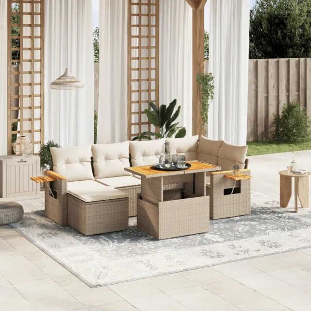 vidaXL 7-delige Loungeset met kussens poly rattan beige, foto 2