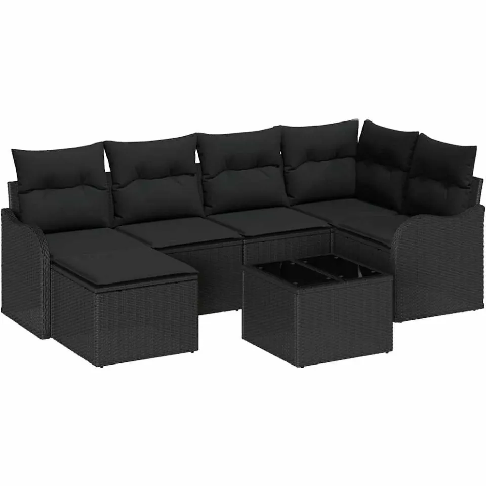 vidaXL Tuin Sofa Set met kussen 7 pcs Zwart Poly riet