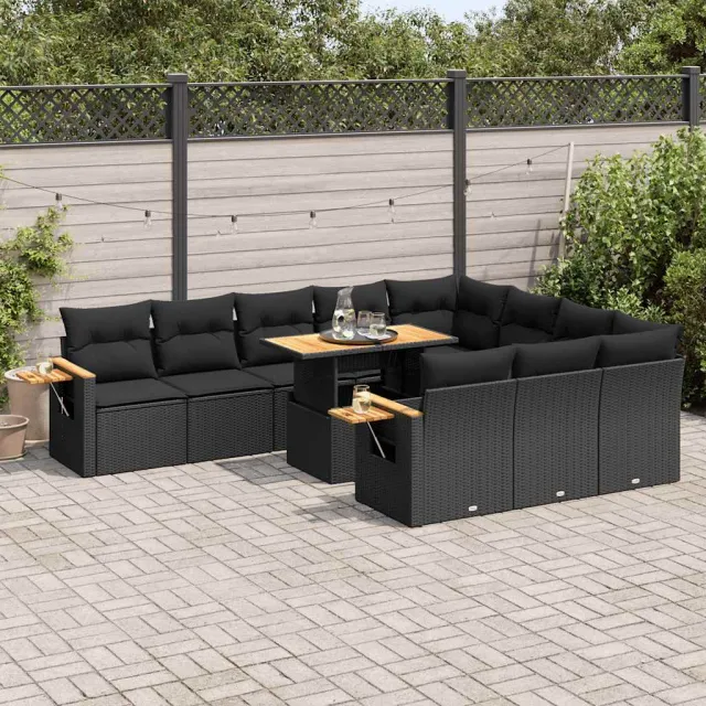 vidaXL 11-delige Loungeset met kussens poly rattan acacia zwart, foto 2