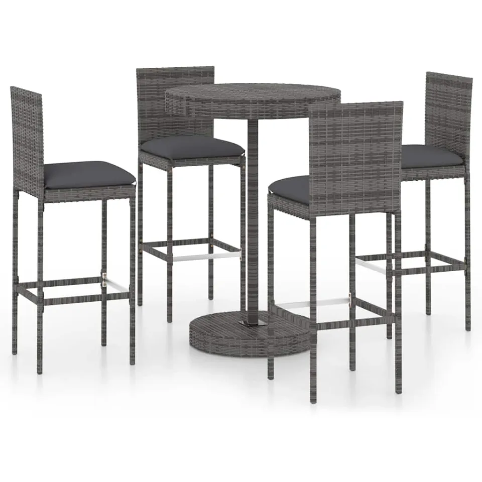 vidaXL 5-delige Tuinbarset met kussens poly rattan grijs, foto 4