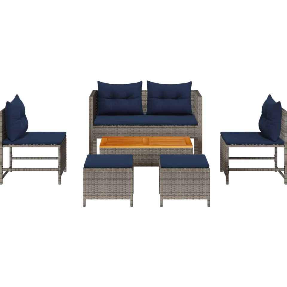 vidaXL Tuinbankenset 6 st Grijs en Marineblauw poly rattan, foto 2