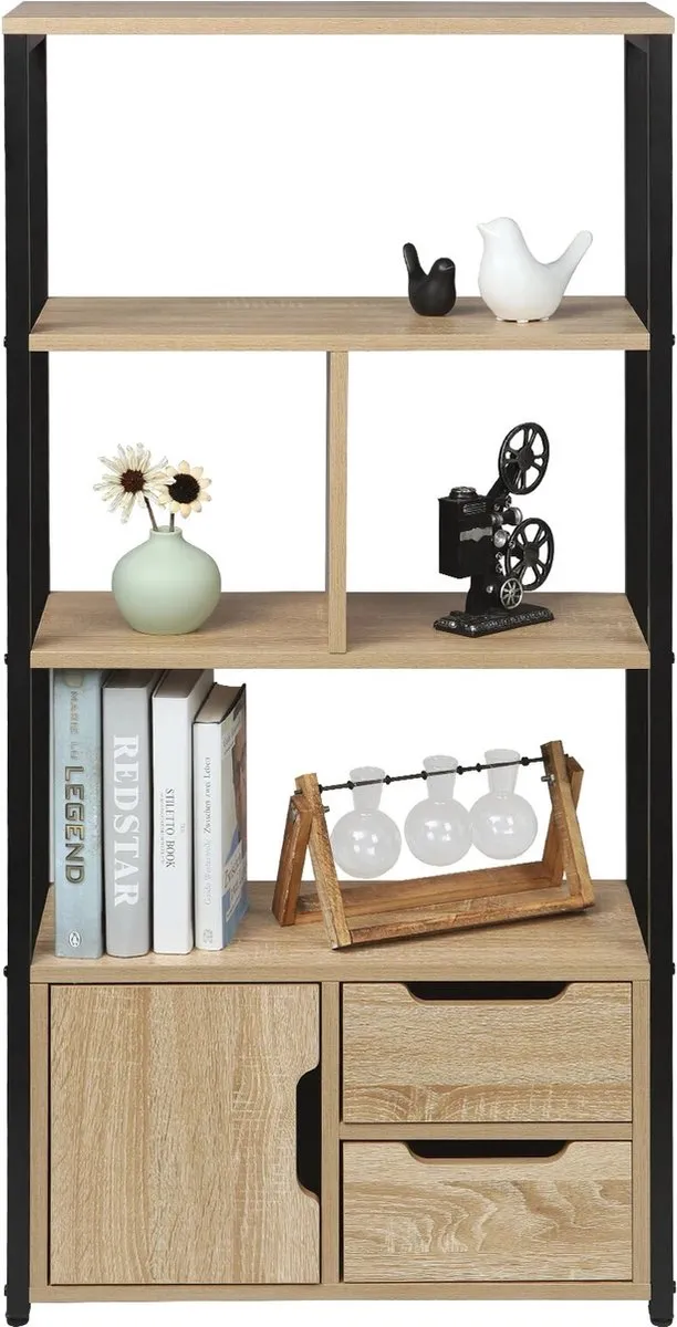 BukkitBow Hoge Boekenkast - Gemaakt van Metaal met Bruin hout - Met 3 Planken en Lades en Deurtje (120X58X24CM) - Licht Eikenhout