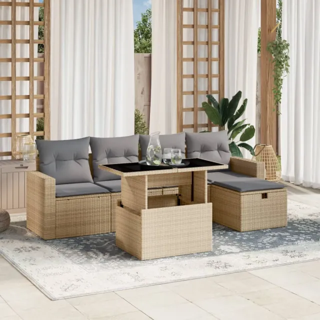 vidaXL 6-delige Loungeset met kussens poly rattan beige, foto 2