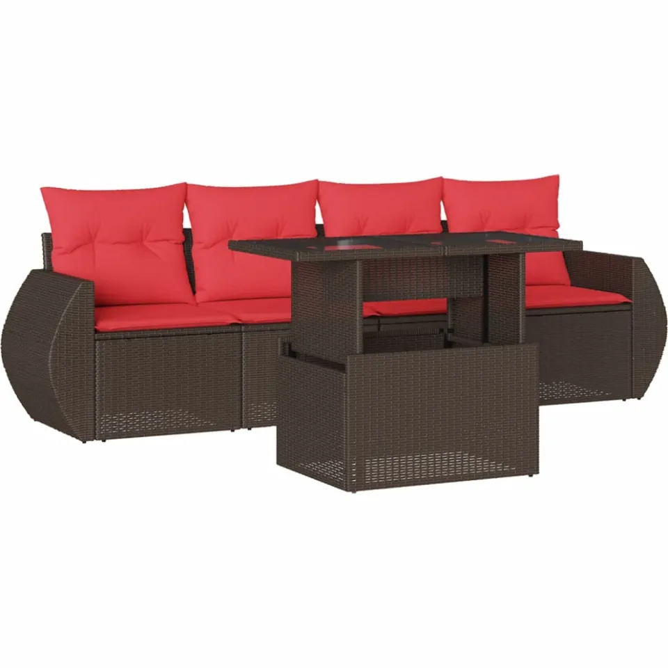 vidaXL 5-delige tuinbankset met kussens, bruin polyrotan, foto 3