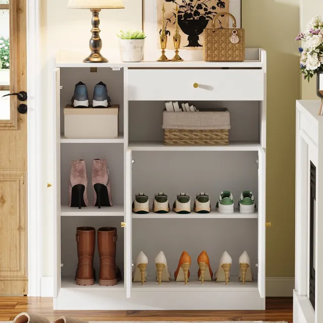 MEUNIQ Schoenenkast 90 x 35 x 110 cm met 3 deuren, 1 lade en verstelbare planken, opbergkast voor hal of entree in wit en naturel