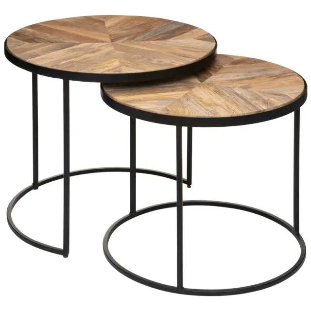 Atmosphera Créateur d'intérieur® Set van 2 in elkaar schuivende tafels met mangohouten blad en geometrisch patroon BASILE Marron