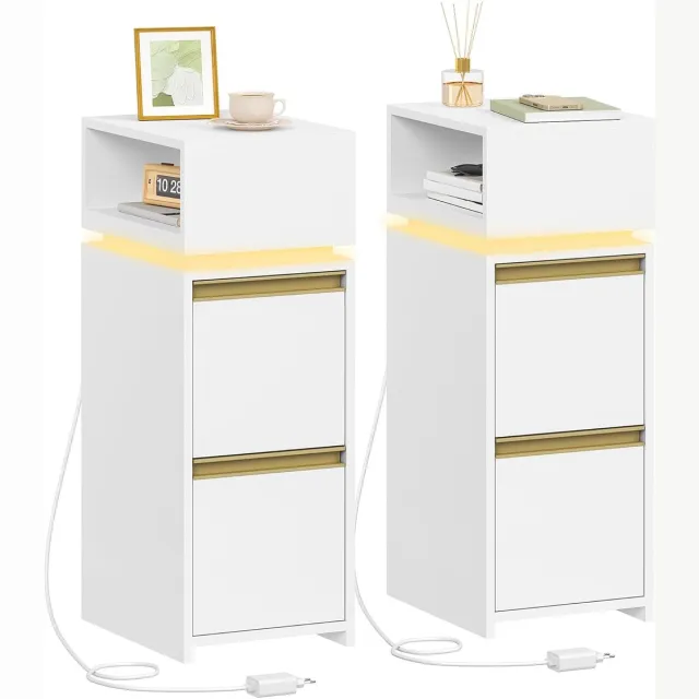 HILINSIE Nachtkastjes, Set van 2, Smalle Nachtkastjes met LED Verlichting, Kleine Smalle Bijzettafels met 2 Laden en 1 Open Ruimte, Bijzettafel, voor Slaapkamer, Woonkamer, Modern, Wit