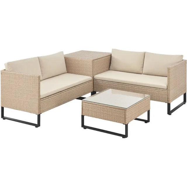 Juskys Loungeset / Tuinset Santorini - Polyrotan - Modulair - Crème - Incl. Tafel & Opbergbox