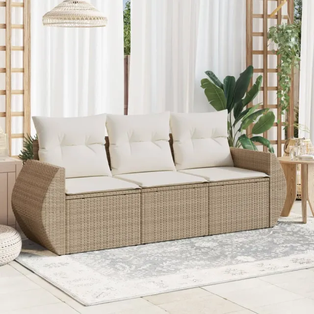 vidaXL 3-delige Loungeset met kussens poly rattan beige, foto 2