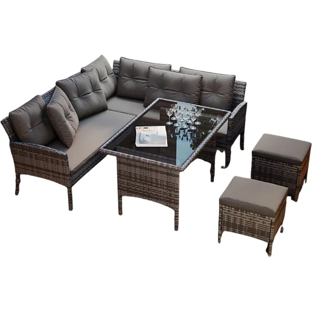 Happiq Tuinmeubelset - Loungeset - Tuinlounge Lounge Set - Lounge Set voor 7 Personen - Inclusief Sofa, Tafel, Kruk en Wasbare Kussens Grijs