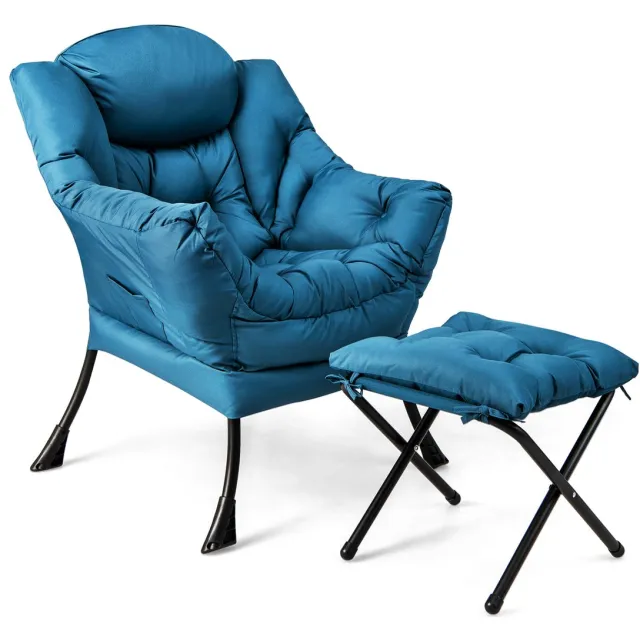 Costway Fauteuil met kruk, relaxstoel met armleuningen, zijzak en voetensteun, loungestoel, televisiestoel, oorfauteuil voor woonkamer, slaapkamer, kantoor (blauw)
