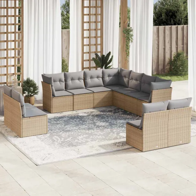 vidaXL 11-delige Tuinset met kussens poly rattan beige, foto 2