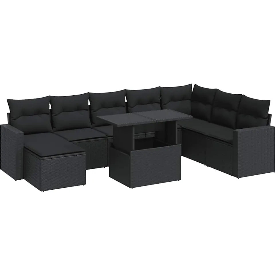 vidaXL 9-delige Loungeset met kussens poly rattan zwart, foto 3
