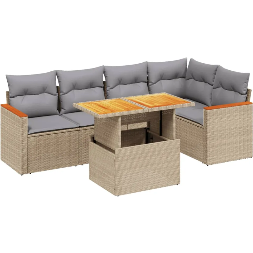 vidaXL 6-delige Loungeset met kussens poly rattan beige, foto 3