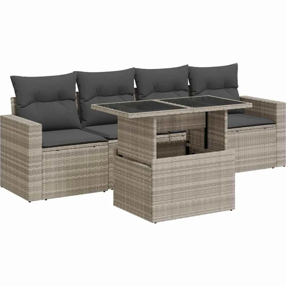 vidaXL 5-delige Loungeset met kussens poly rattan lichtgrijs grijs, foto 3