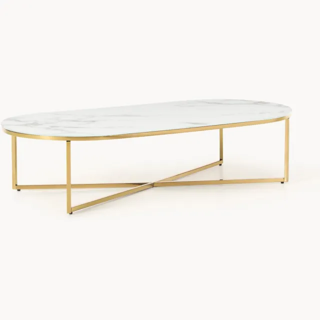 Westwing Collection Ovale salontafel Antigua met glazen tafelblad in marmerlook Wit, Goudkleurig