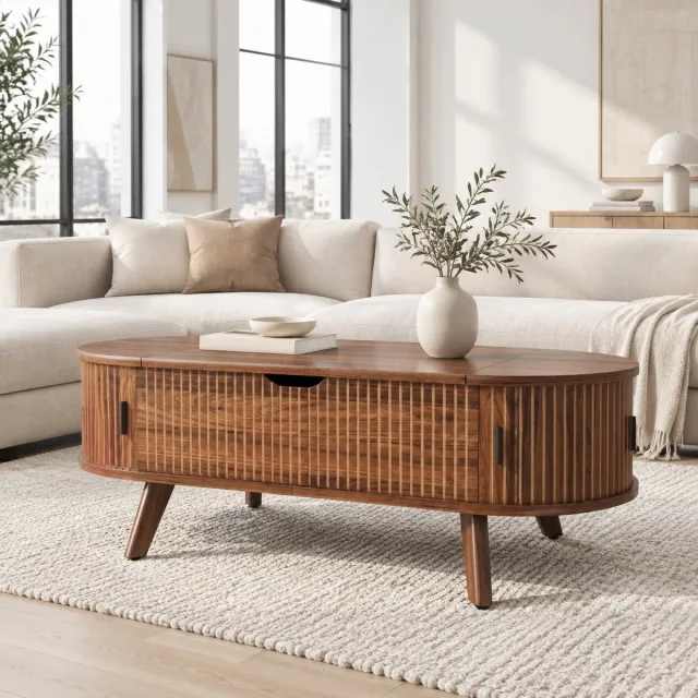 OKWISH Salontafel - Ovaal Met Hefblad En Schuifdeuren - Verborgen Opbergruimte - MDF Walnoot - 110 X 50 X 53,5 Cm