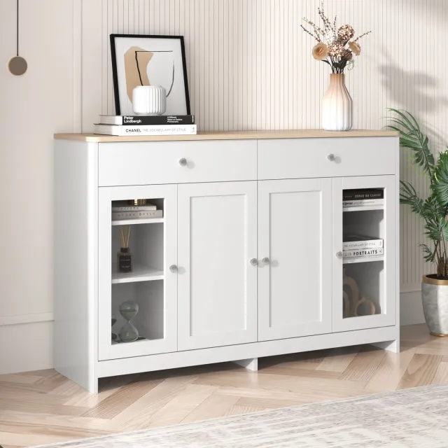 VVBV Dressoir met lades / Dressoir wit – met Opbergruimte – MDF – Afmetingen 120x37x80 cm – Buffetkast met 2 Lades – Voor Woonkamer en Eetkamer White
