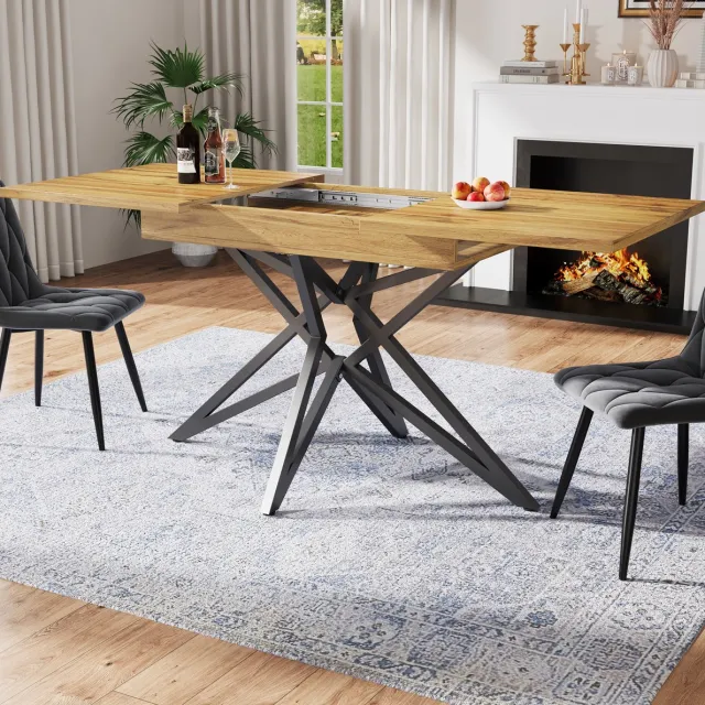 MEUNIQ uitschuifbare eettafel 120/160 x 80 x 76 cm met stervormige metalen poten, verstelbare voetjes en walnootkleurig blad voor eetkamer of werkkamer
