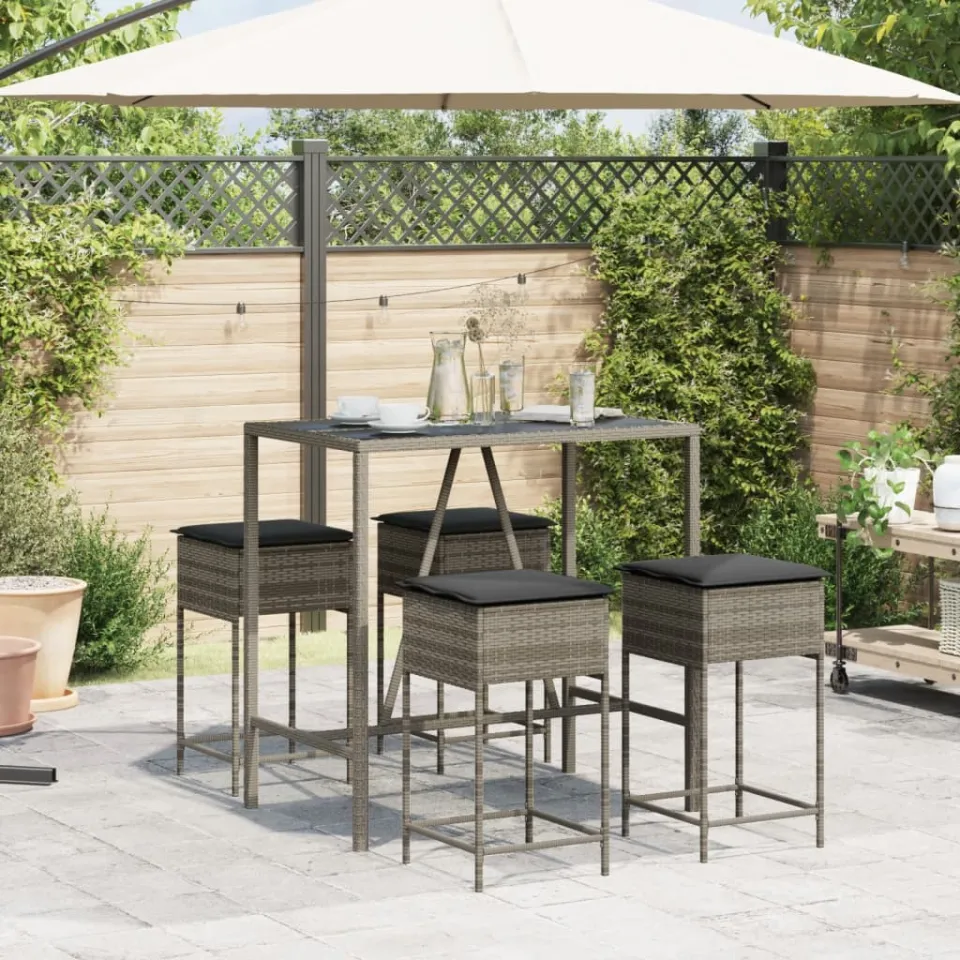 vidaXL 5-delige Tuinbarset met kussens poly rattan grijs, foto 3