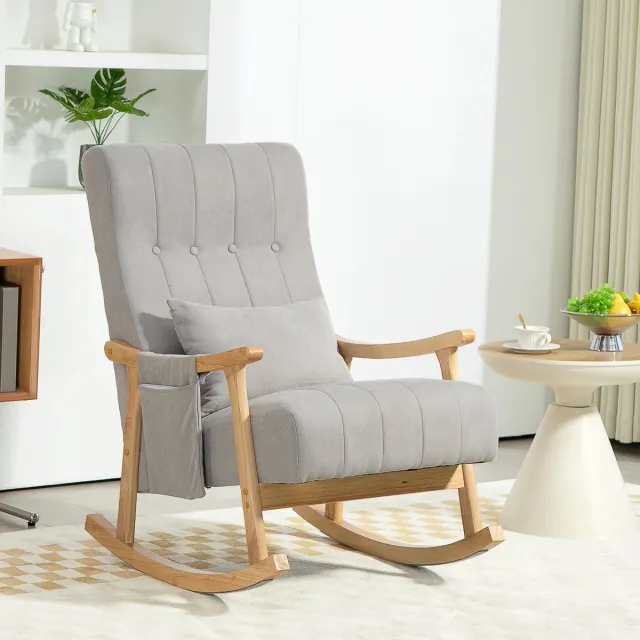 HAUSS SPOLE Schommelstoel - Gestoffeerde Relaxfauteuil Met Lendenkussen En Zijvak - Voor Woonkamer En Slaapkamer - Houten Frame - Grijs