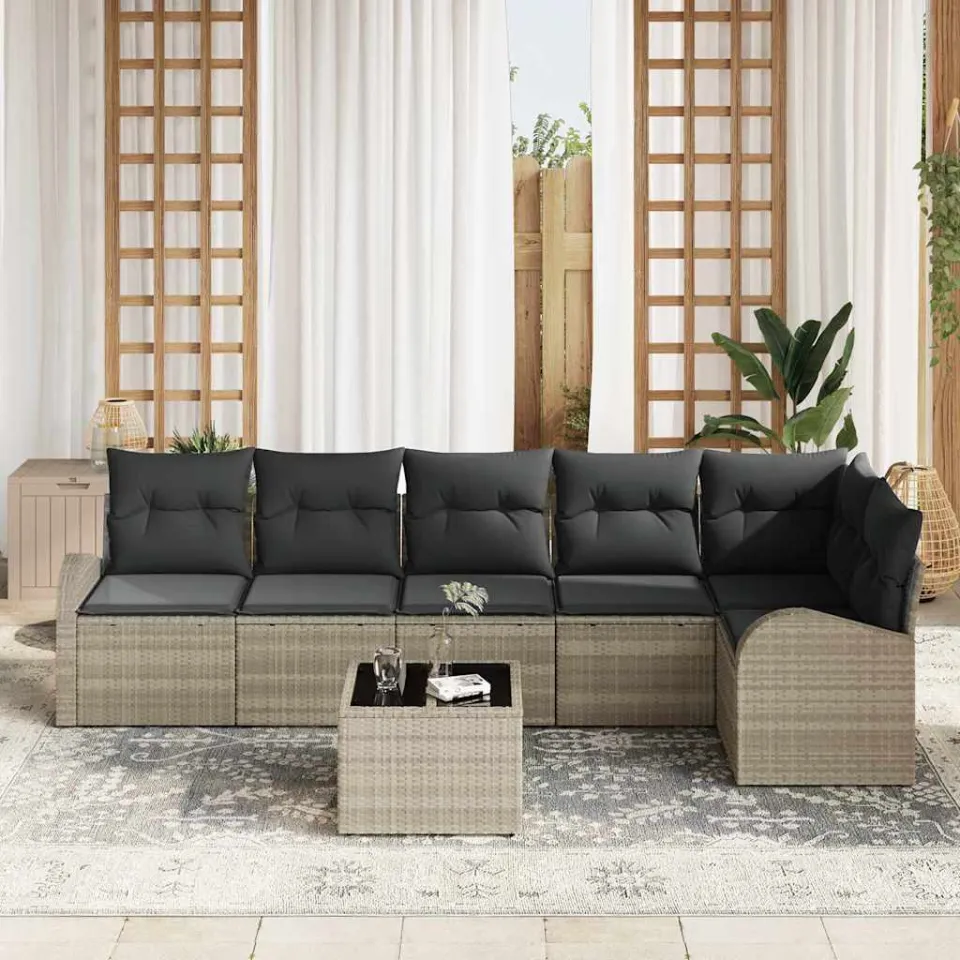 vidaXL Tuin Sofa Set met kussen 7 pcs Lichtgrijs Poly riet, foto 3