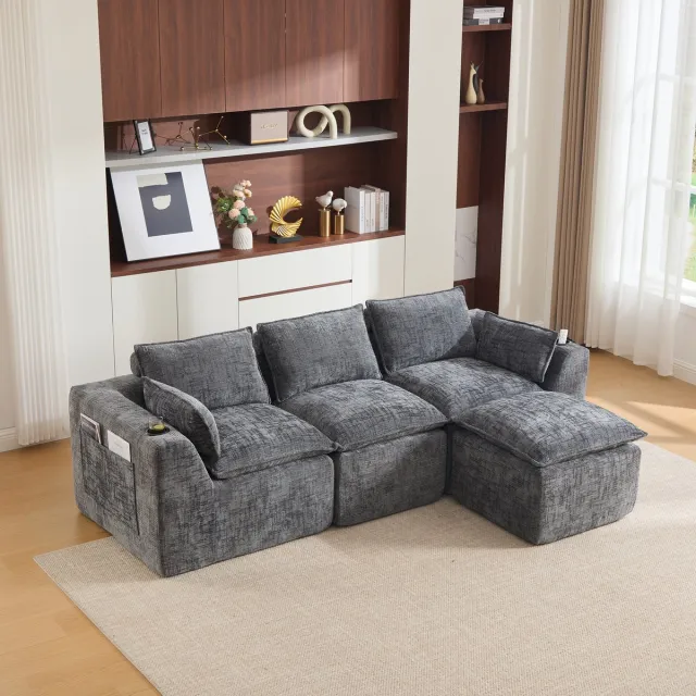 STILVORA Hoekbank 256 x 161 cm - 3-Zits Met Voetenbank En Zijvakken - Voor Woonkamer En Ontvangstruimte - Chenille Donkergrijs