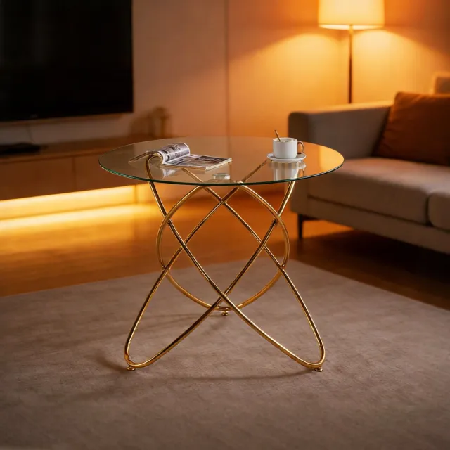 MEUNIQ ronde eettafel 80 cm met glazen tafelblad en gouden metalen poten, 75 cm hoog, modern design voor eetkamer of woonkamer Golden