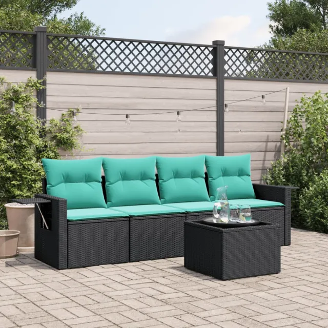 vidaXL 5-delige tuinbankset met kussens van zwart polyrotan, foto 2