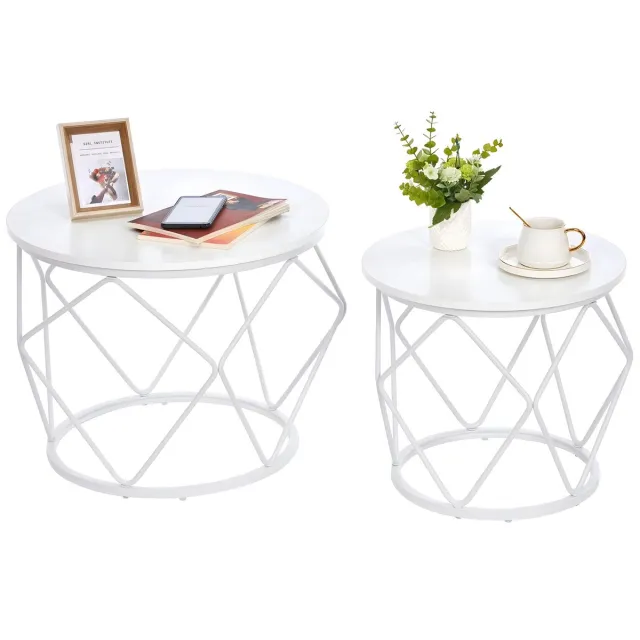 Happiq Salontafel Set van 2 – Voor Woonkamer & Slaapkamer – Ronde Bijzettafels met Metalen Frame – Wit White