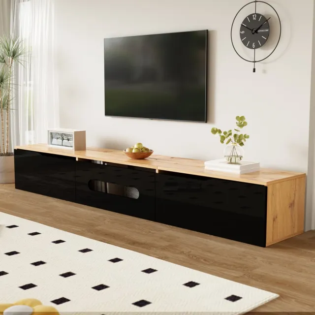 FloraGrace Tv Meubel - Hoogglans Front Met Ledverlichting - Vloer Of Wandmontage Voor Woonkamer - MDF Spaanplaat - 180x35x30 Cm Zwart