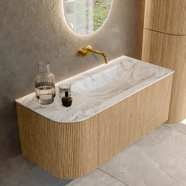 Mondiaz KURVE-DLUX 105 cm Onderkast Greeploos 1 Lade Met Deuren Oak, Wastafel Solid Surface Rechts Glace 0 Kraangaten Zonder Spiegel (KRVBGS105L1L1D0KR-Oak/Gla)