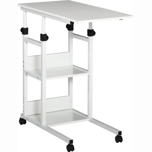 Homona Bijzettafel op wielen - In hoogte verstelbaar - Met 2 legplanken - C-vormig - 80 x 40 x 72-82 cm - Wit
