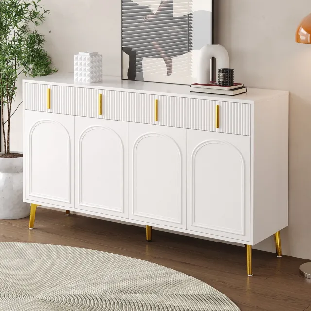 WUVRIE Dressoir 140 x 38 x 82 cm - 4 deuren, 4 lades en verstelbare planken - Wit