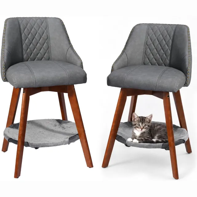 Homemiyn Set van 2 Barkrukken , 360° Draaibare Barstoelen met PU Leder, Vintage Keukenkrukken met Ergonomische Rugleuning en Huisdierzitje grijs