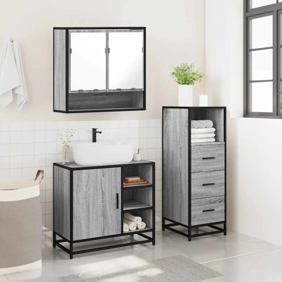 vidaXL 3-delige Badkamermeubelset bewerkt hout grijs sonoma eikenkleur, foto 4