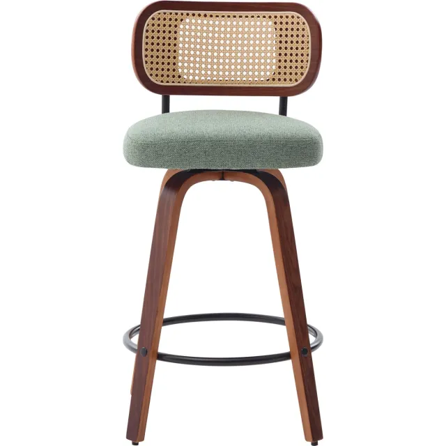 Pugsdrly Set van 3 draaibare barkrukken van 26", SW3766BG, barkrukken met rugleuning van gebogen walnoothout en rotan, groene linnen beklede zitting met metalen voetsteun, mid-century krukken voor keukeneiland en bar, DE3766OL Olijfgroen