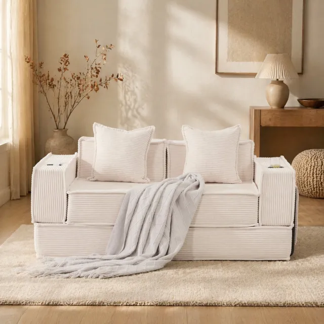 MEUNIQ 2-zits slaapbank 162 x 78 x 66 cm in beige corduroy met opbergruimte, bekerhouders en 2 kussens voor woonkamer of leeshoek