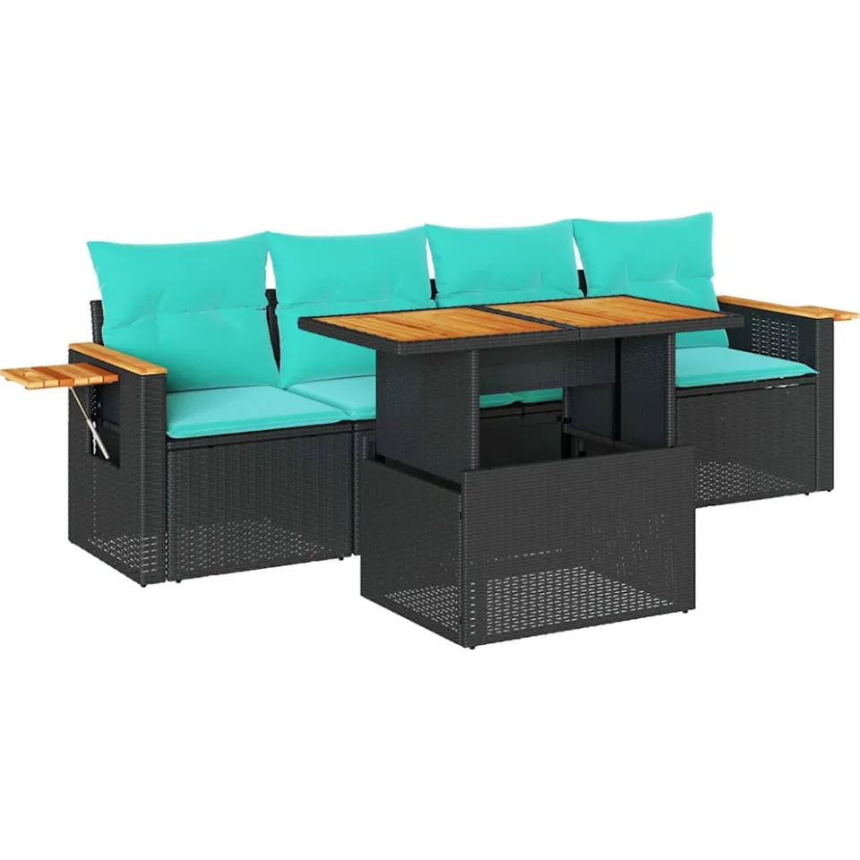 vidaXL 5-delige Loungeset met kussens poly rattan zwart, foto 3