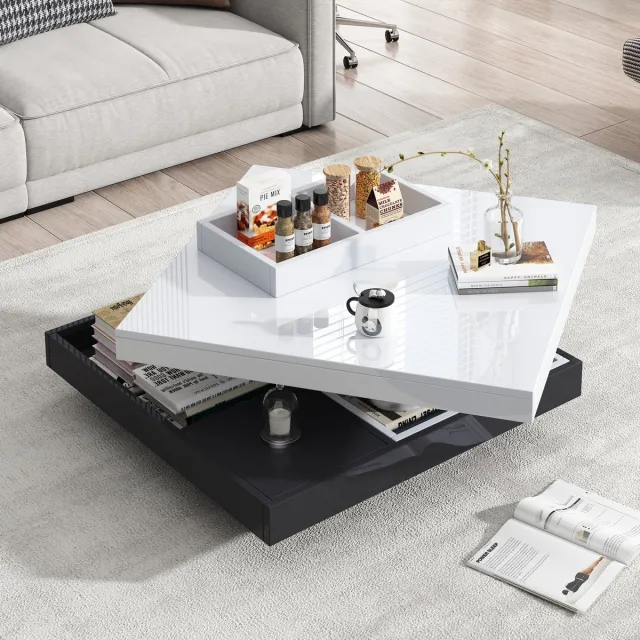 Wishdor Draaibare hoogglans salontafel 70×70×36 cm – wit bovenblad, mat zwart onderstel, 360° draaibaar, dubbel opbergniveau, draagvermogen 30 kg