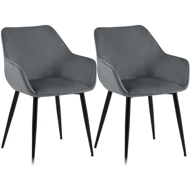 CLP Luena Set van 2 eetkamerstoelen - met armleuning - zwart metalen frame - tot 150 kg belastbaar - Fluweel/donkergrijs