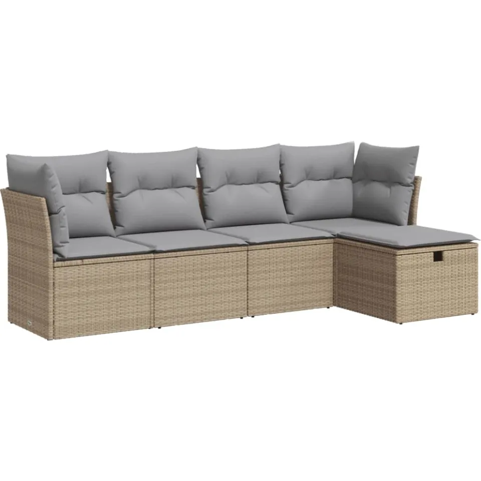 vidaXL 5-delige Loungeset met kussens poly rattan beige, foto 3